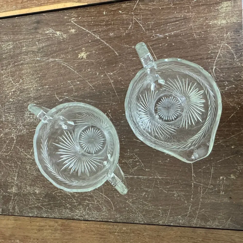 Vintage Jeanette Sunburst Pressed Clear Glass‎ open Sugar and Creamer Set